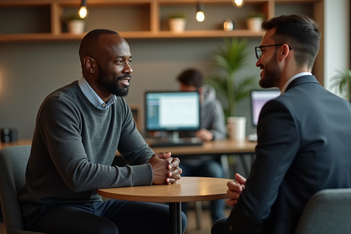 Manager expérimenté en séance de mentorat individuel avec un jeune collaborateur dans un espace de coworking