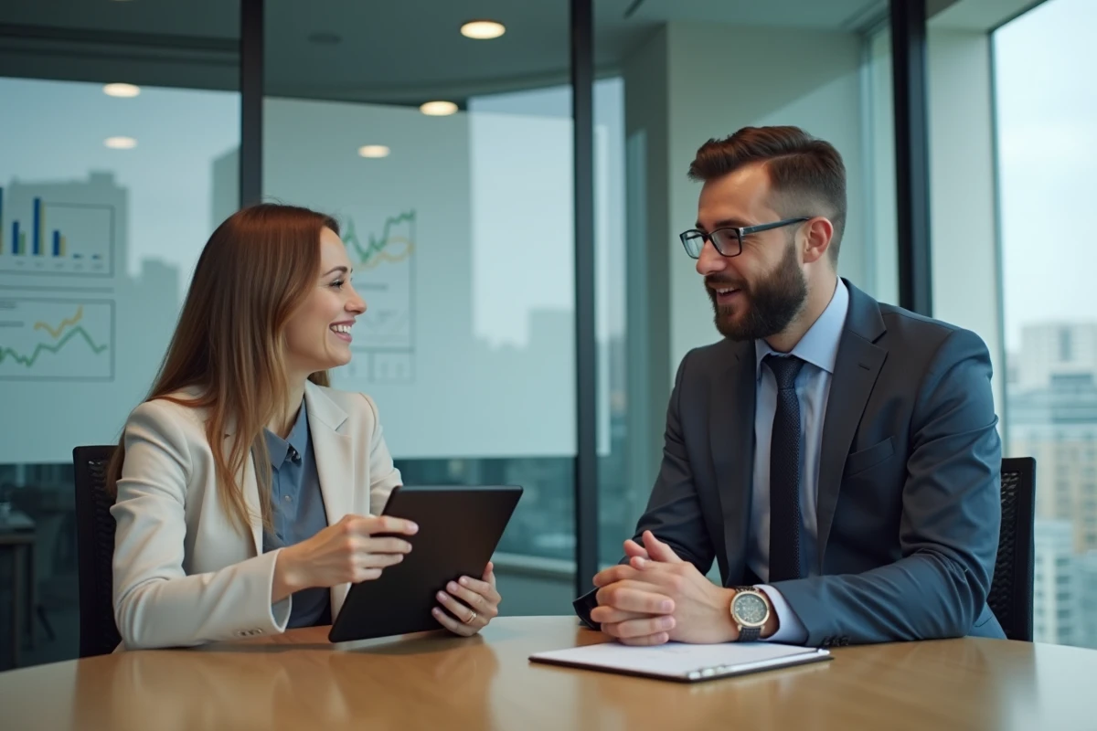 Séance de mentorat entre deux professionnels dans le cadre d'une reconversion dans le secteur financier