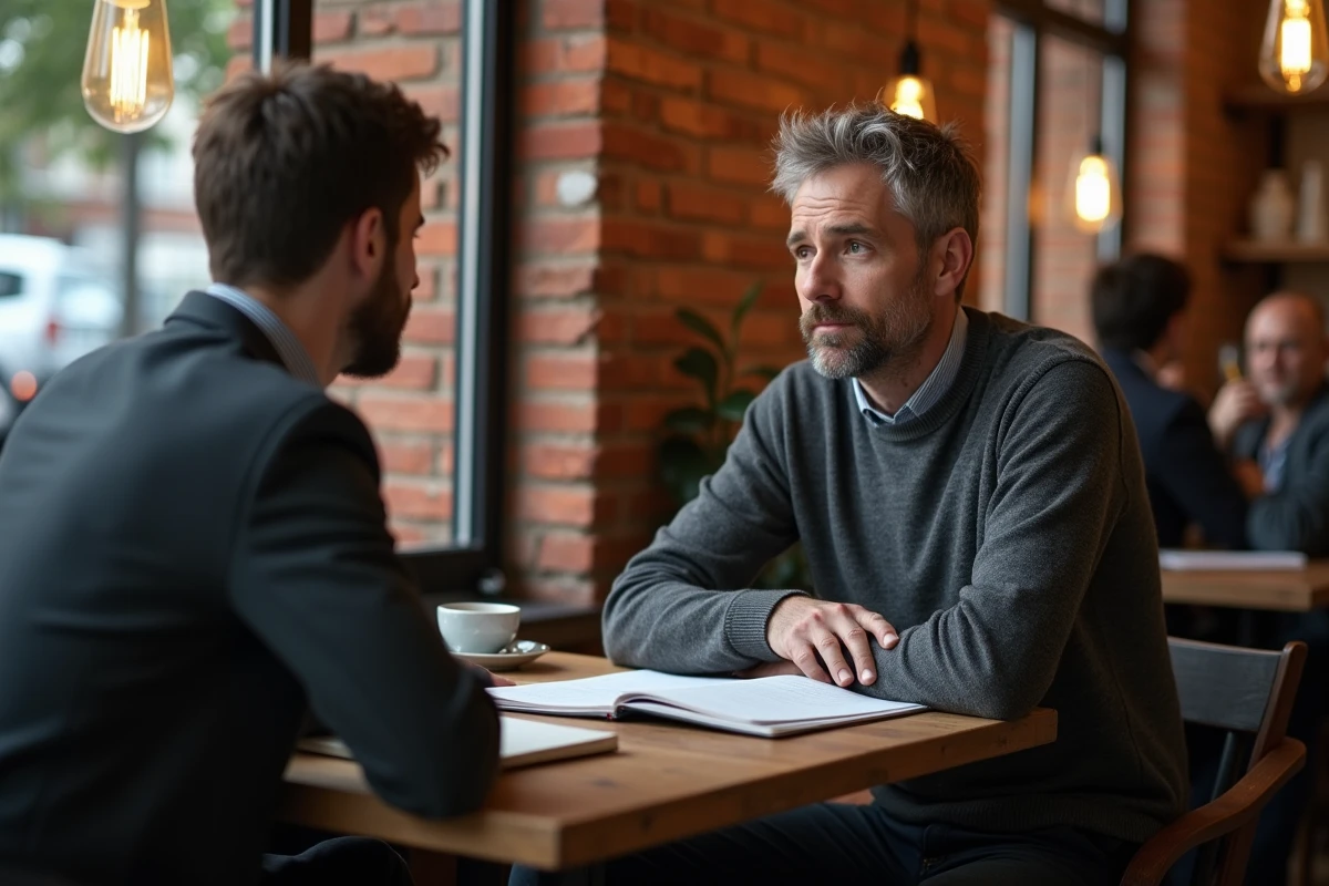 Scène de mentoring entre collègues dans un café pour développer l'écoute active et les compétences relationnelles