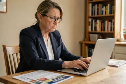 Mère d'étudiant consultant le portail ENTASSAS sur un ordinateur portable à la maison, entourée de documents universitaires de l'université Assas