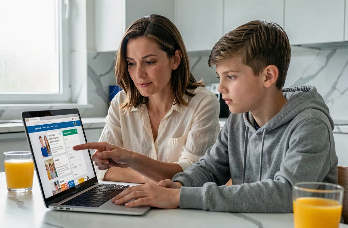 Mère et fils adolescent consultant ensemble le portail scolaire sur un ordinateur portable dans une cuisine moderne