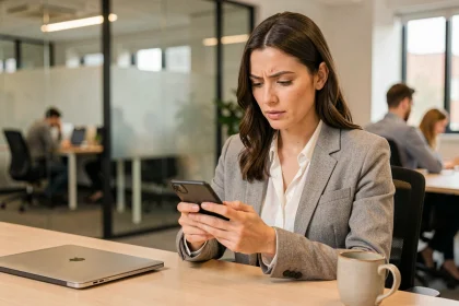 Femme consultant sa messagerie académique de Strasbourg sur smartphone Android au bureau