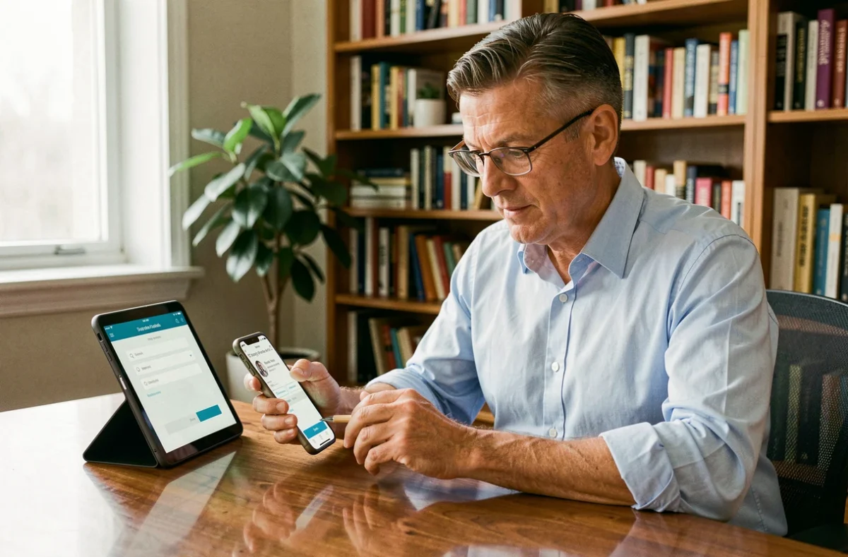 Homme configurant la messagerie académique de Strasbourg sur Android et iOS à domicile