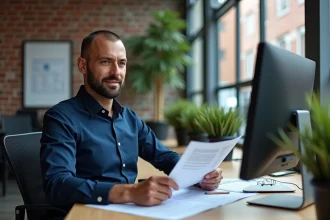 Homme en chemise travaillant dans un bureau moderne à Montréal illustrant un métier bien payé et accessible au Québec