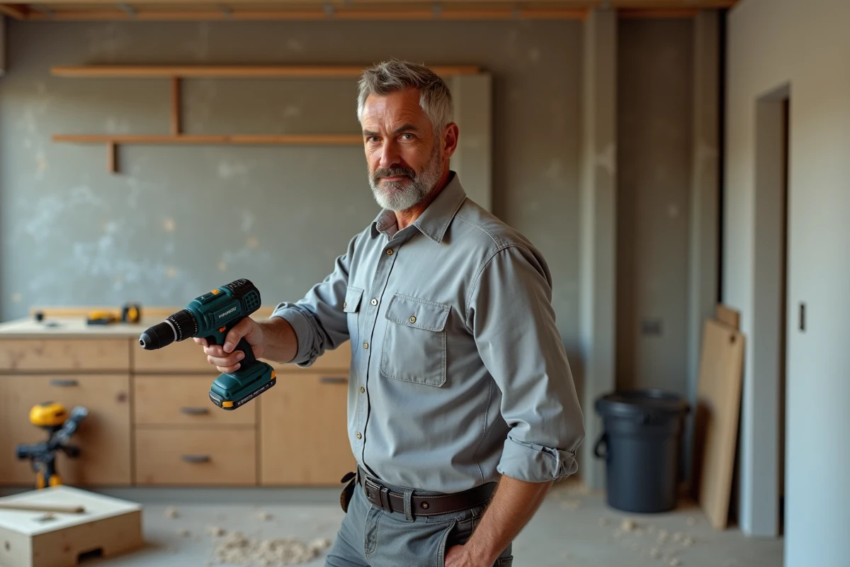 Homme de 42 ans en reconversion professionnelle travaillant comme artisan menuisier sur un chantier de rénovation