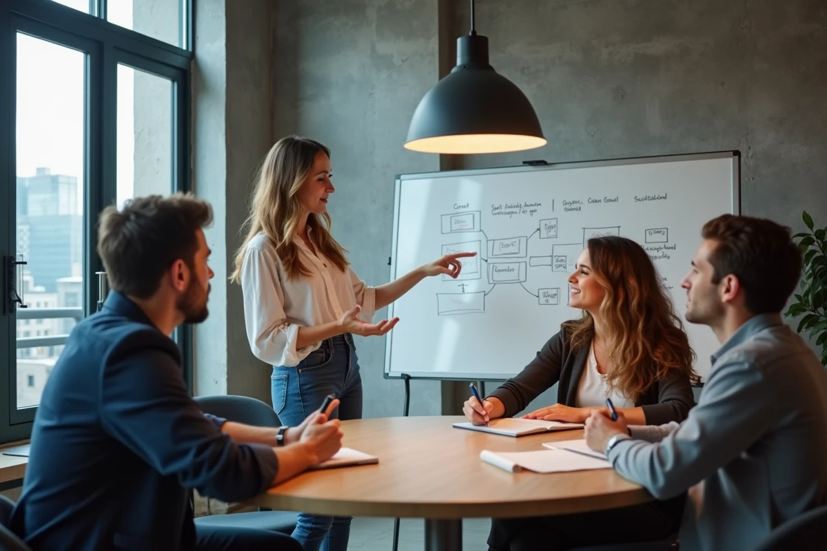 Groupe de professionnels discutant des modes d'adaptation autour d'un tableau blanc dans un espace de coworking