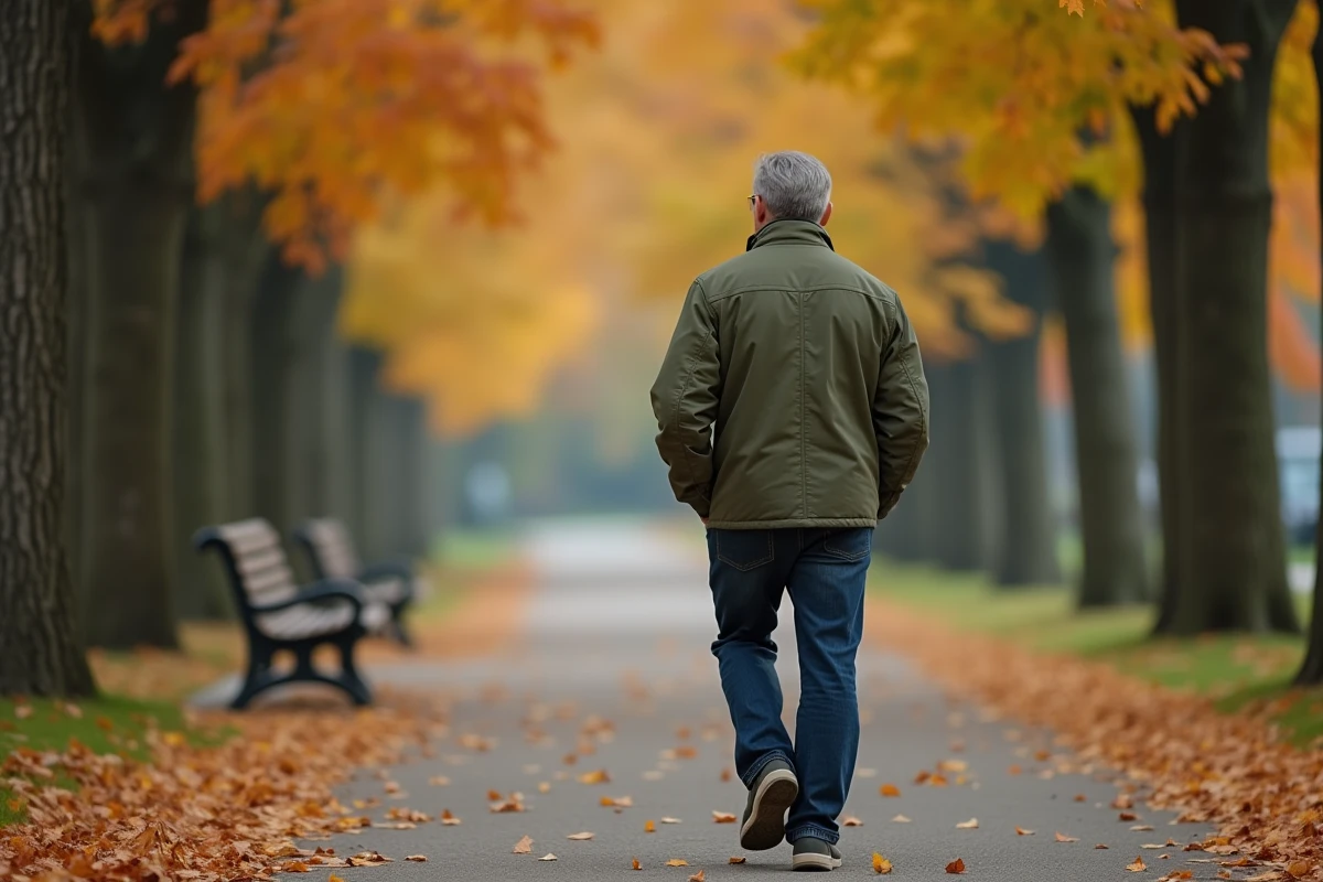 Homme se promenant dans un parc en automne symbolisant la réflexion et l'adaptation personnelle