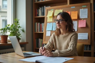 Femme réorganisant ses stratégies d'adaptation sur un tableau de liège dans un bureau à domicile