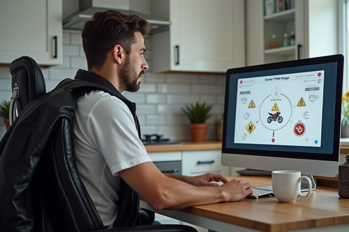 Motard préparant l'examen ETM du code de la route moto sur ordinateur dans une cuisine moderne