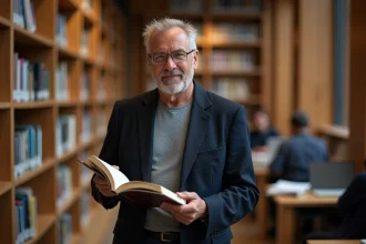 Homme confiant dans une bibliothèque universitaire tenant un manuel d'ingénierie, illustrant le parcours académique d'Elon Musk