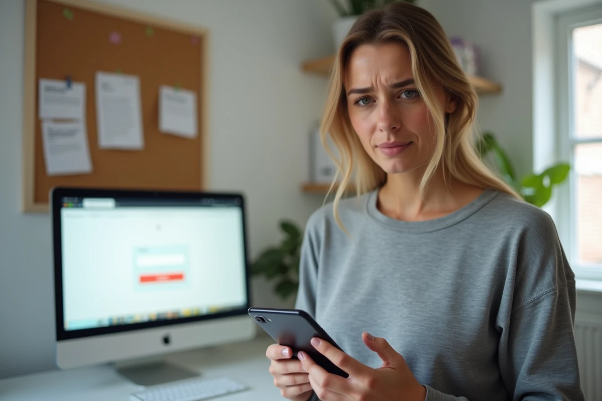 Mère consultant l'application Scolinfo sur son smartphone pour aider son enfant à accéder au cahier de textes en ligne
