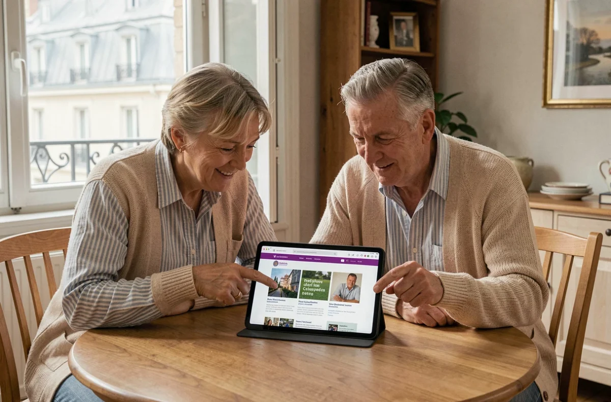 Couple de parents d'étudiant consultant ensemble le site ENTASSAS de l'université Assas sur une tablette à domicile