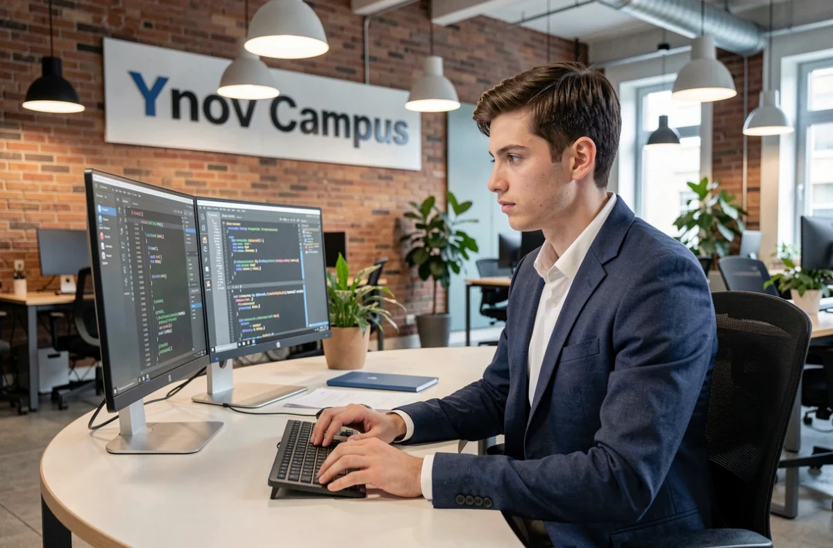 Étudiant en alternance travaillant sur ordinateur au Paris Ynov Campus de Nanterre