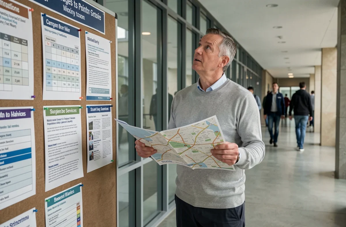 Père d'étudiant consultant le tableau d'information dans un couloir de l'université Paris-Assas pour comprendre les services parentaux