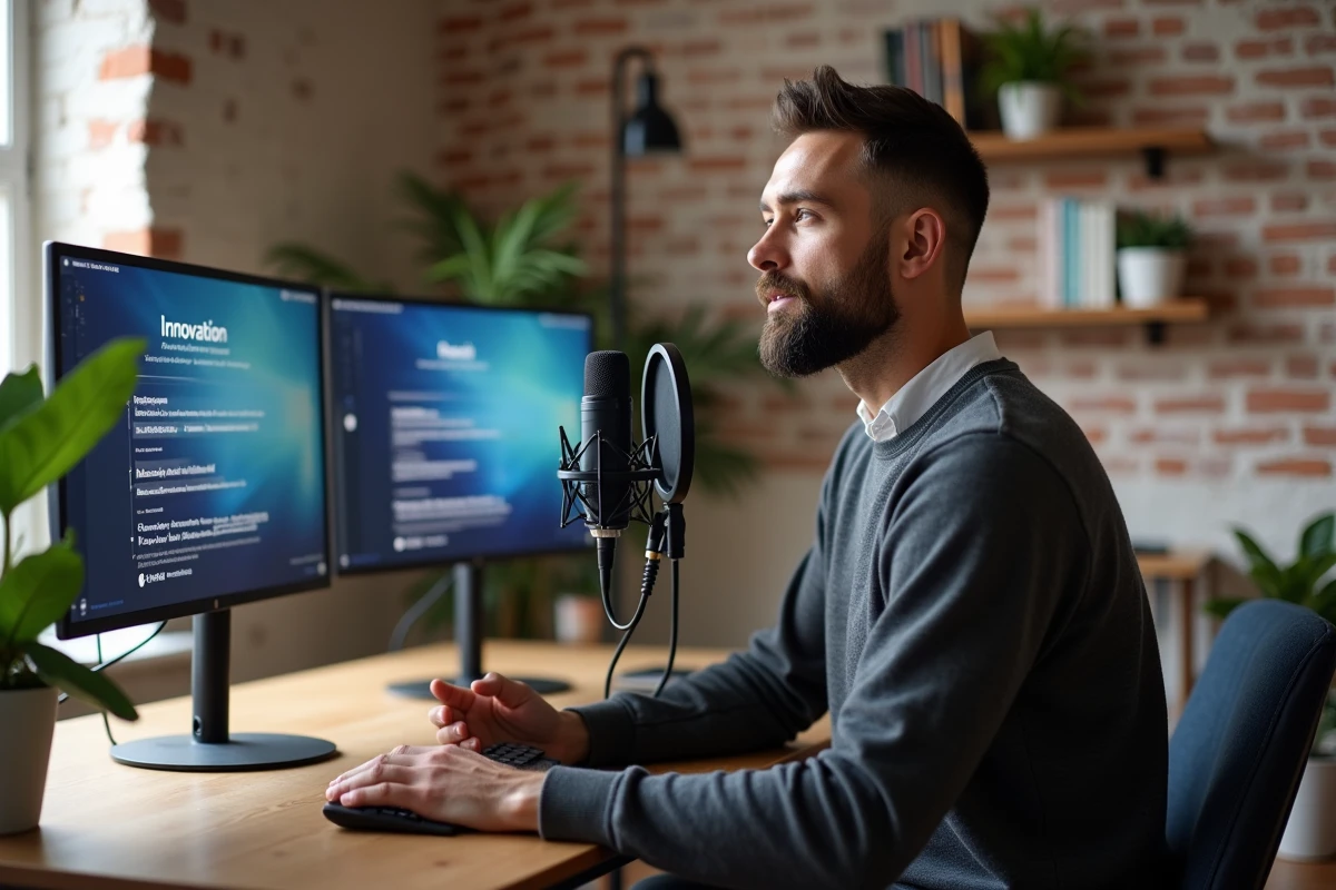 Un homme enregistre un podcast sur la communication de l'innovation depuis un bureau à domicile moderne