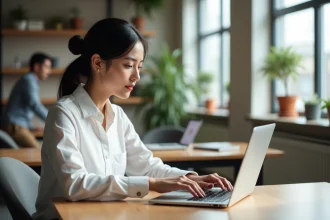 Femme ajustant les réglages d'un logiciel sur son ordinateur portable lors de sa première prise en main