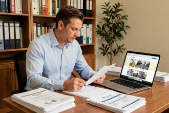 Homme préparant son dossier de certification professionnelle BTP assis à son bureau avec des documents et un ordinateur portable