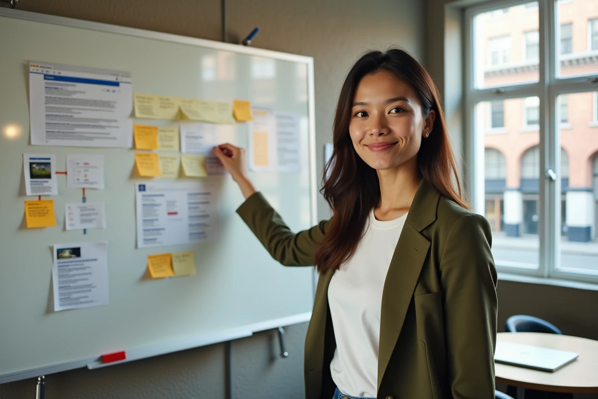 Jeune femme présentant une stratégie de gestion de réputation numérique sur un tableau blanc en agence