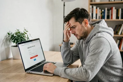 Homme frustré face à une erreur de connexion sur un écran de laptop, problème de mot de passe Arena Versailles
