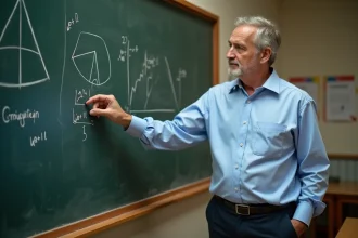 Professeur de mathématiques expliquant la différence entre un volume de pyramide à base triangulaire et un cône au tableau noir