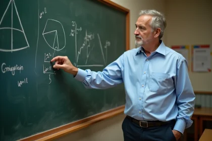 Professeur de mathématiques expliquant la différence entre un volume de pyramide à base triangulaire et un cône au tableau noir