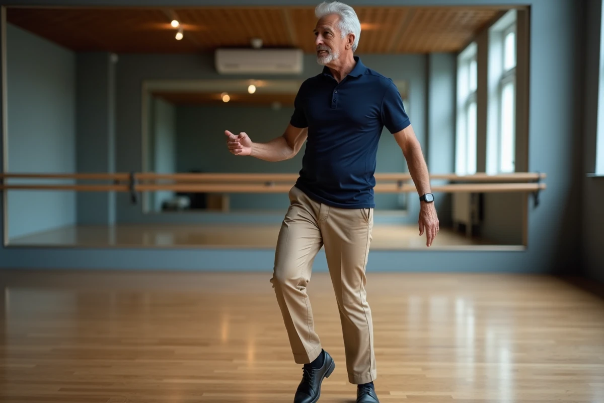 Professeur de danse démontrant les pas du sirtaki dans un studio avec parquet en bois