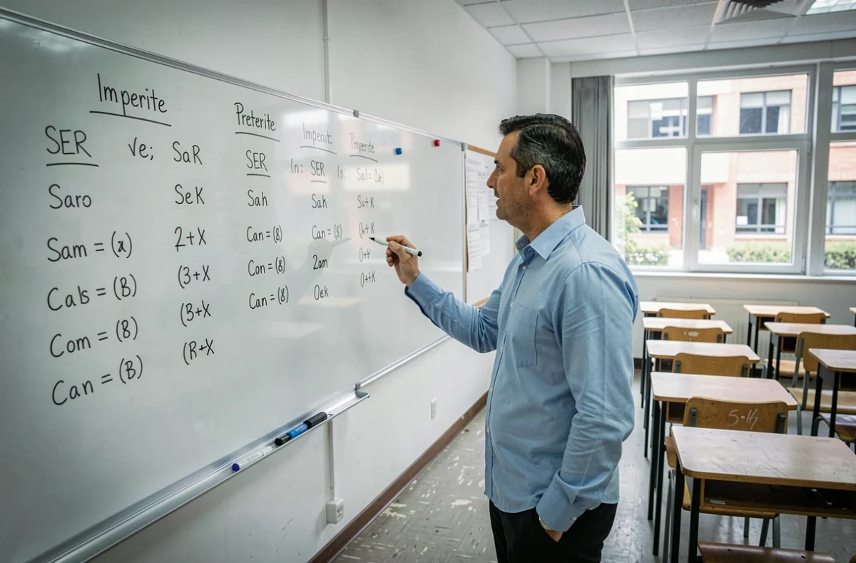 Professeur d'espagnol masculin expliquant les conjugaisons du passé du verbe SER devant un tableau blanc dans une salle de classe universitaire