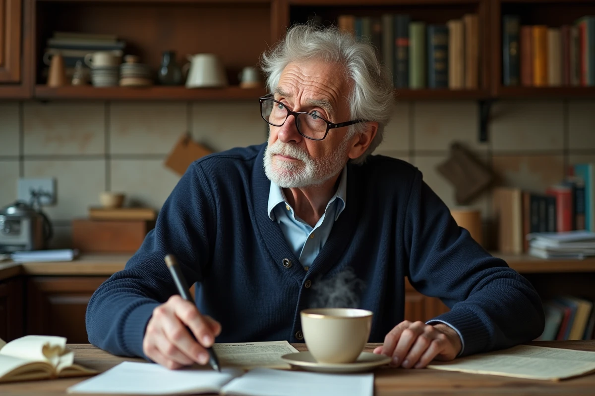 Homme âgé pensif assis seul à une table de cuisine entourée de livres, regard perdu dans ses réflexions, évoquant la quête de sens et l'expérience intérieure