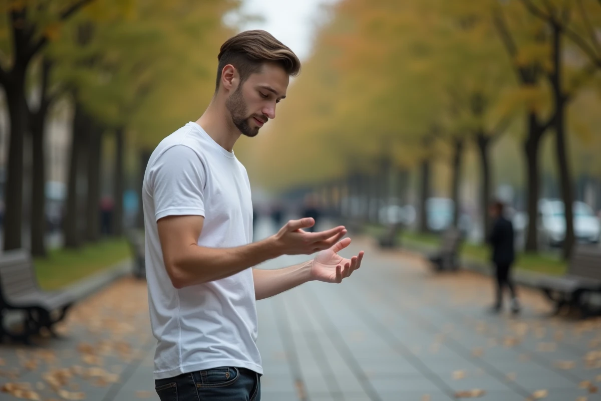 Jeune homme debout dans un parc urbain regardant sa propre main ouverte avec curiosité philosophique, symbolisant l'interrogation sur la nature de l'expérience consciente