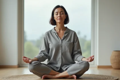 Femme d'âge mûr en méditation silencieuse, assise sur un plancher en bois dans une pièce minimaliste, illustrant la question de l'expérience subjective et de la conscience de soi