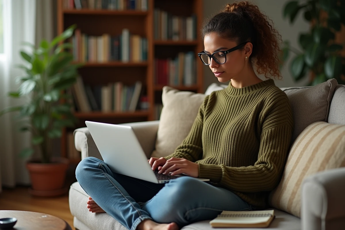 Jeune femme chez elle recherchant sur internet ses droits à la formation continue