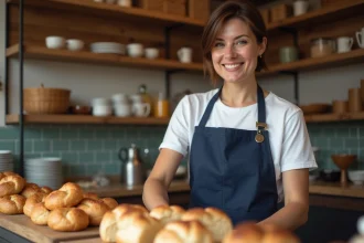 Femme de 40 ans reconvertie en boulangerie artisanale, arrangeant des viennoiseries derrière le comptoir