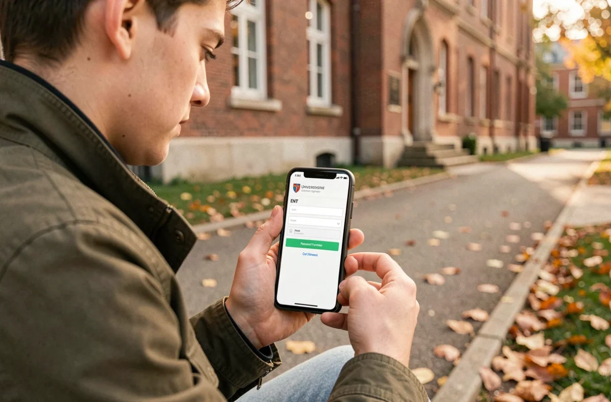 Étudiant consultant la page de récupération de mot de passe de l'ENT IUT Angers sur son smartphone en extérieur sur le campus