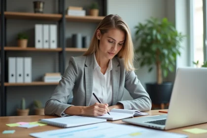 Femme professionnelle rédigeant un projet de développement dans un bureau moderne avec documents et ordinateur portable