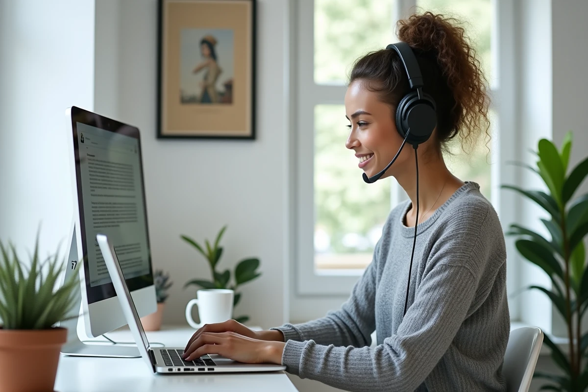 Rédactrice multilingue travaillant en télétravail sur des contenus traduits dans son bureau à domicile