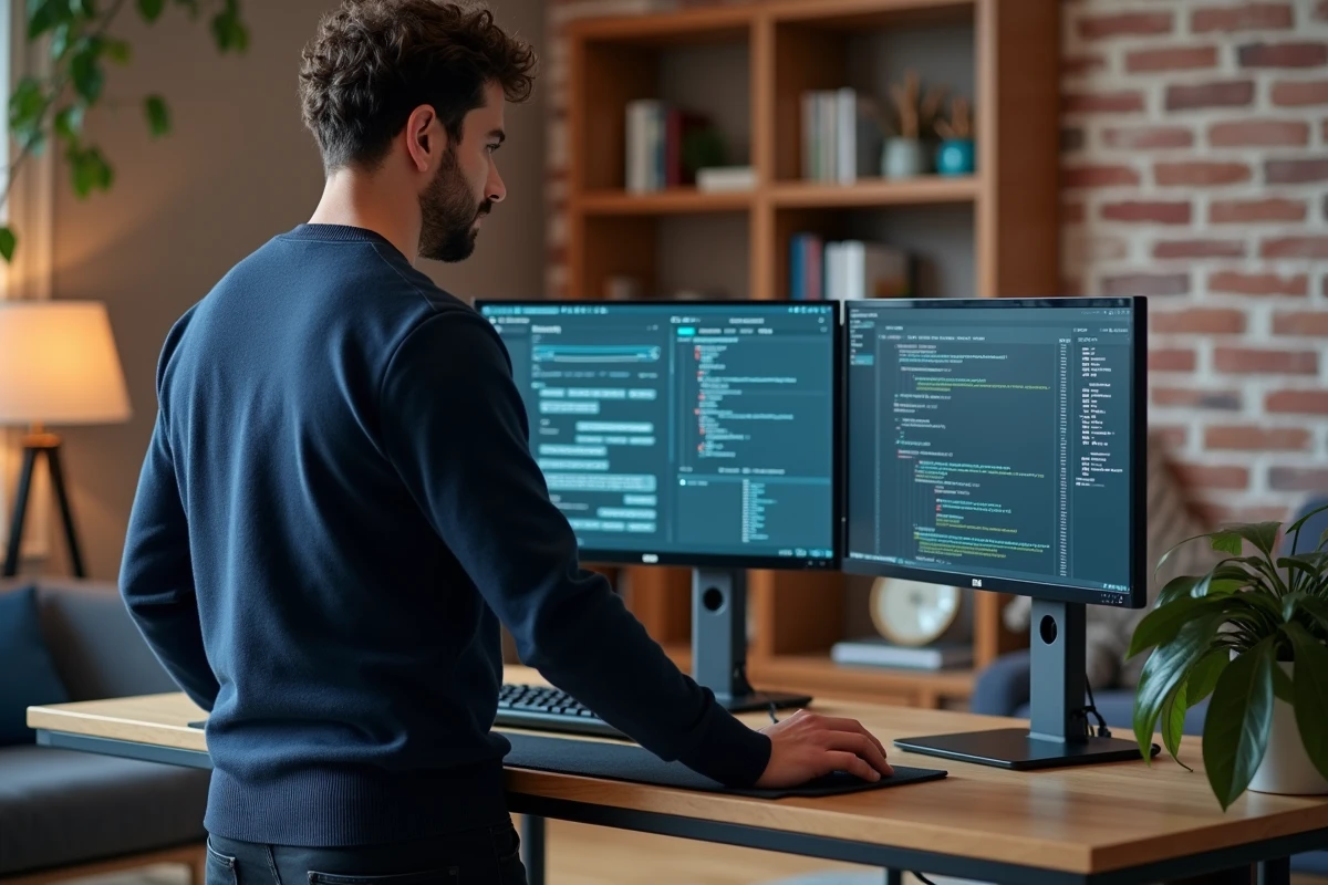 Homme configurant un double écran avec des menus de paramètres lors de la prise en main d'un nouvel outil