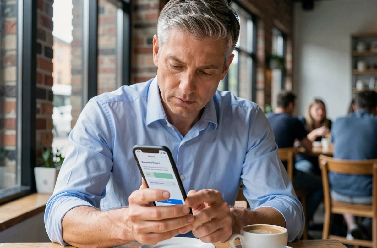 Homme consultant son téléphone pour réinitialiser son mot de passe Arena Versailles dans un café urbain