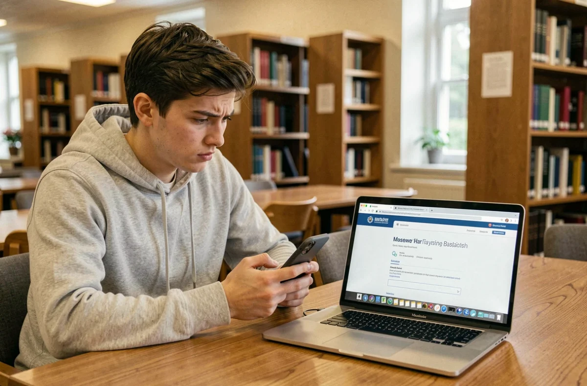 Étudiant réinitialisant le mot de passe de sa messagerie académique ac-amiens depuis la bibliothèque universitaire