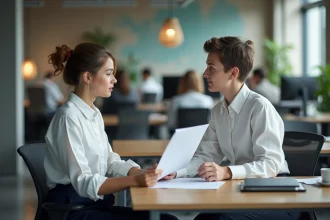 Jeune femme en stage professionnel discutant avec son mentor dans un bureau moderne