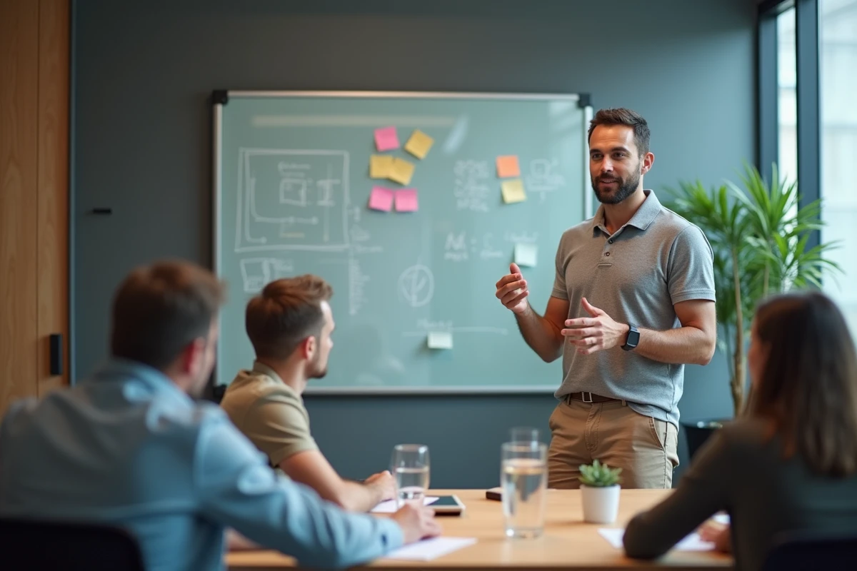 Professionnel en période de formation présentant un projet à une équipe dans un espace de coworking