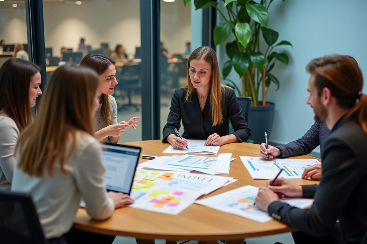 Équipe de professionnels analysant des documents de stratégies de développement autour d'une table de réunion