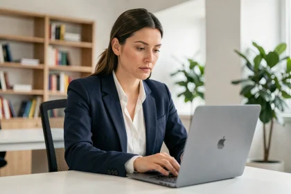 Femme professionnelle sécurisant sa messagerie académique sur un ordinateur portable dans un bureau universitaire