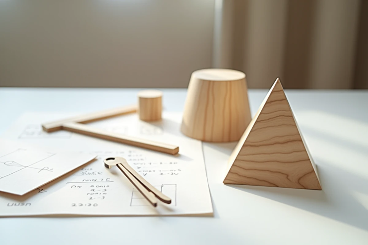 Solides géométriques en bois représentant une pyramide à base triangulaire et un cône posés sur une table à dessin avec des calculs de volume manuscrits
