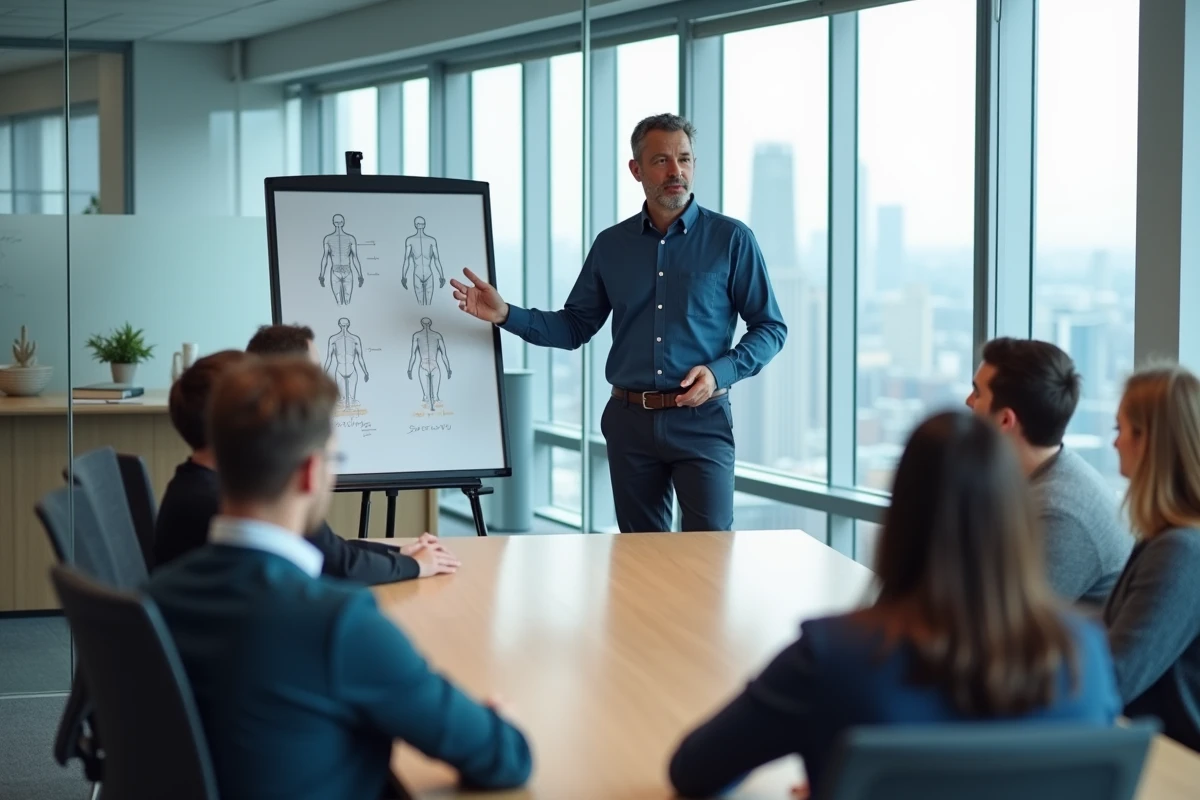Sophrologue homme animant un atelier de sophrologie en entreprise, illustrant une pratique professionnelle en milieu corporate
