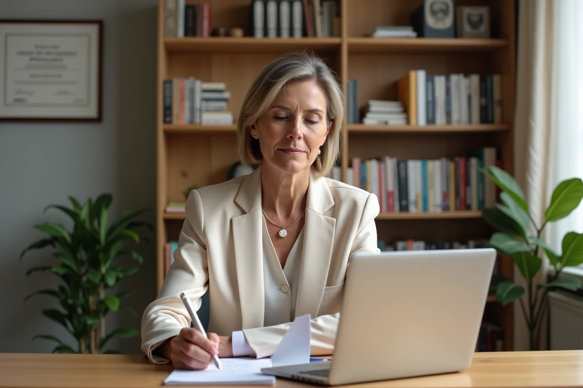 Sophrologue indépendante travaillant dans son bureau à domicile, symbolisant la gestion administrative et le salaire d'un sophrologue libéral