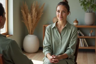 Sophrologue femme en consultation dans un cabinet apaisant, illustrant le métier et le cadre professionnel d'un sophrologue