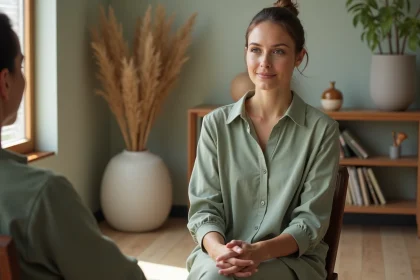 Sophrologue femme en consultation dans un cabinet apaisant, illustrant le métier et le cadre professionnel d'un sophrologue