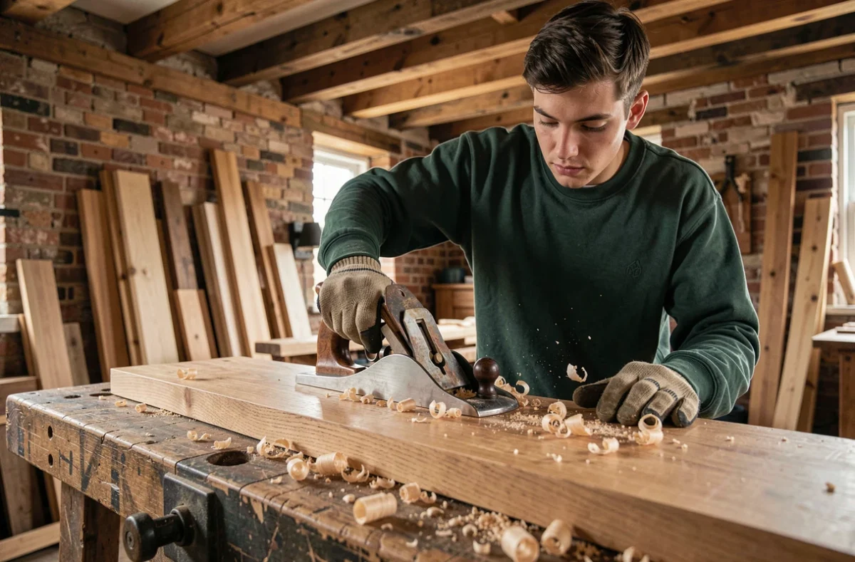 Jeune stagiaire en formation menuiserie utilisant un rabot à main sur un panneau en chêne dans un atelier traditionnel