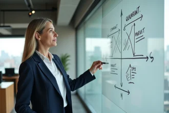Femme d'affaires présentant une matrice de stratégies de développement sur un tableau blanc dans un bureau moderne