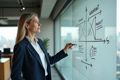 Femme d'affaires présentant une matrice de stratégies de développement sur un tableau blanc dans un bureau moderne